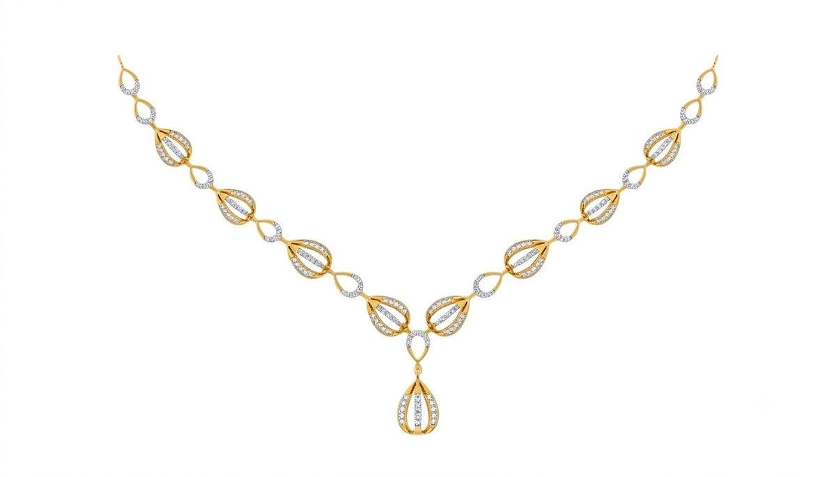 Rose gold and diamond necklace with a teardrop shaped, on a plain white background.