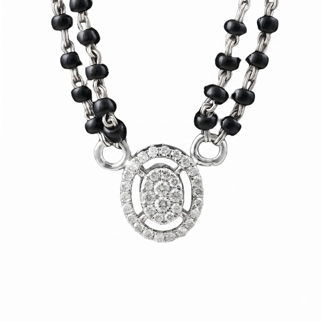 White gold & diamond modern mangalsutra on white background