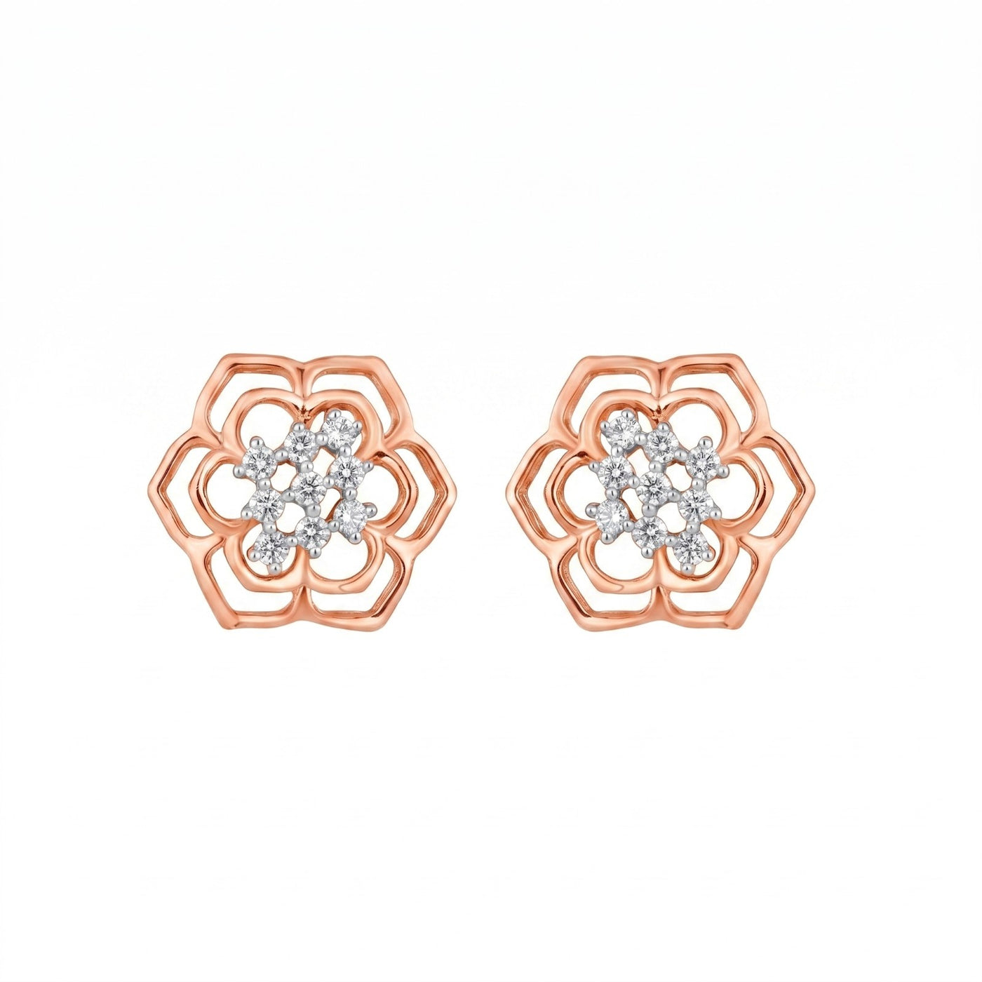 Rose gold floral earrings with diamond accents on a white background