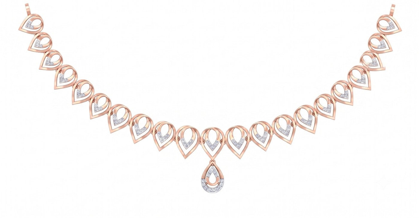 Rose gold and diamond necklace with teardrop design, shown on a plain white background.