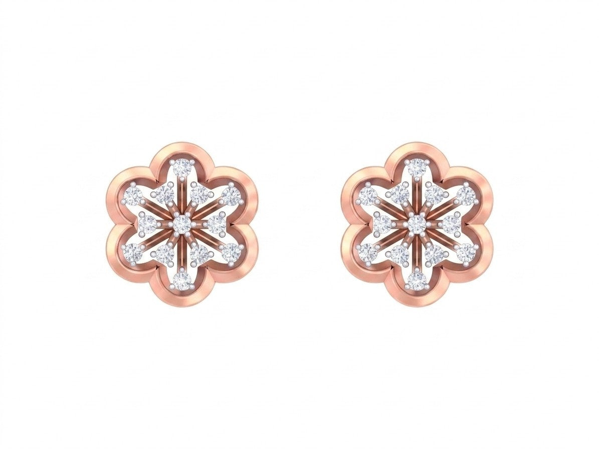 Rsoe gold and diamond stud earring with floral-design on a white background.