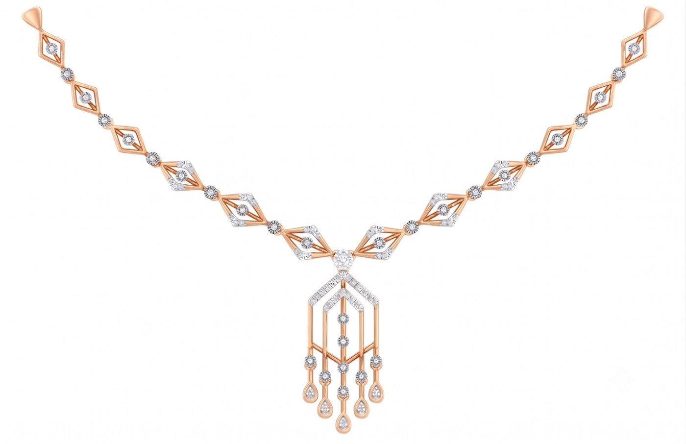 A rose gold and diamond necklace with a geometric design, featuring a dangling teardrop-shaped, set against a plain white background.