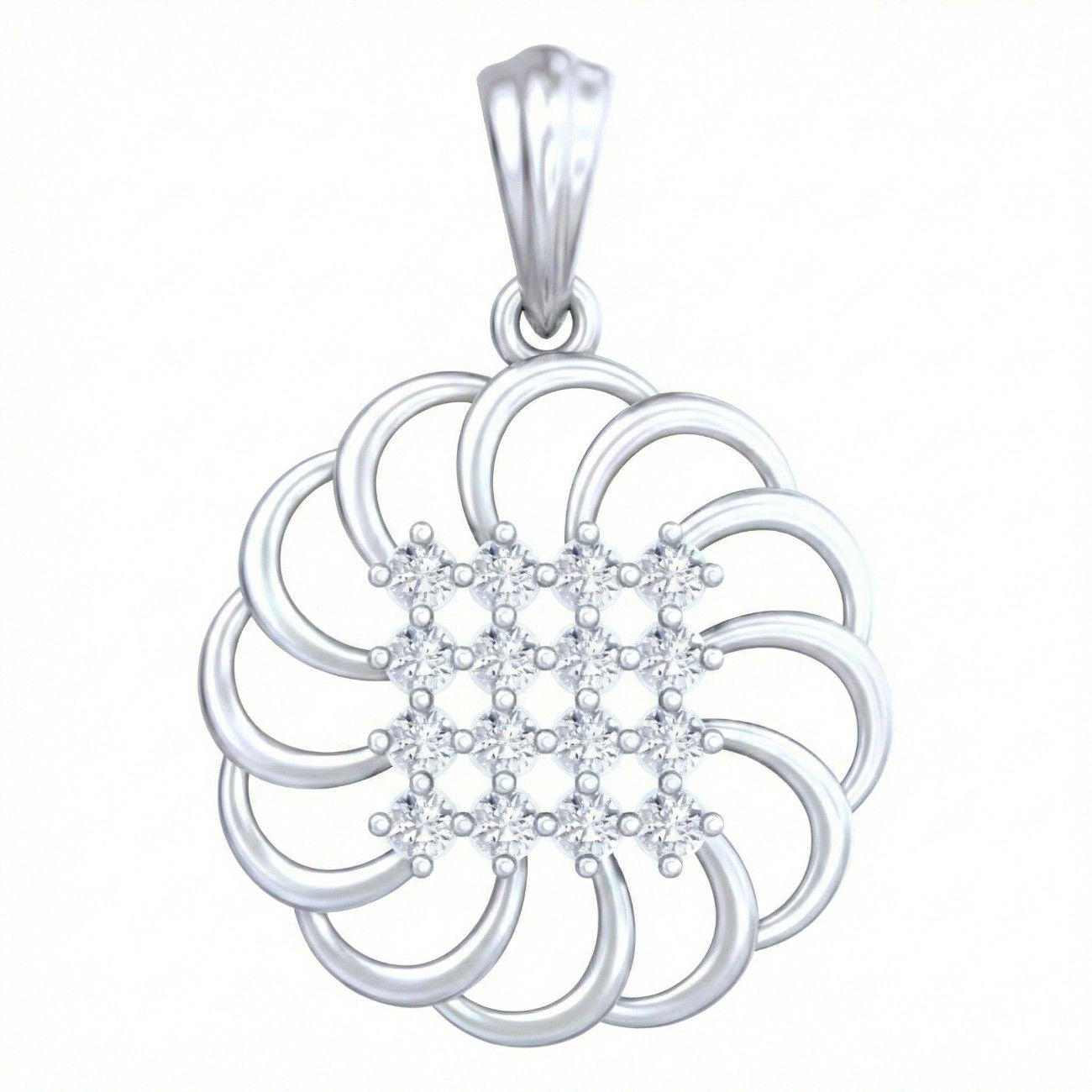 White gold and diamond floral pendant on white background