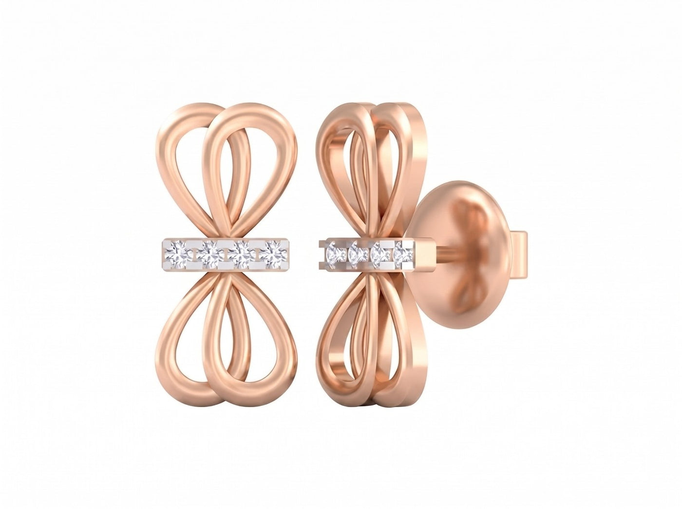 Rose gold and diamond bow stud earring on a white background.