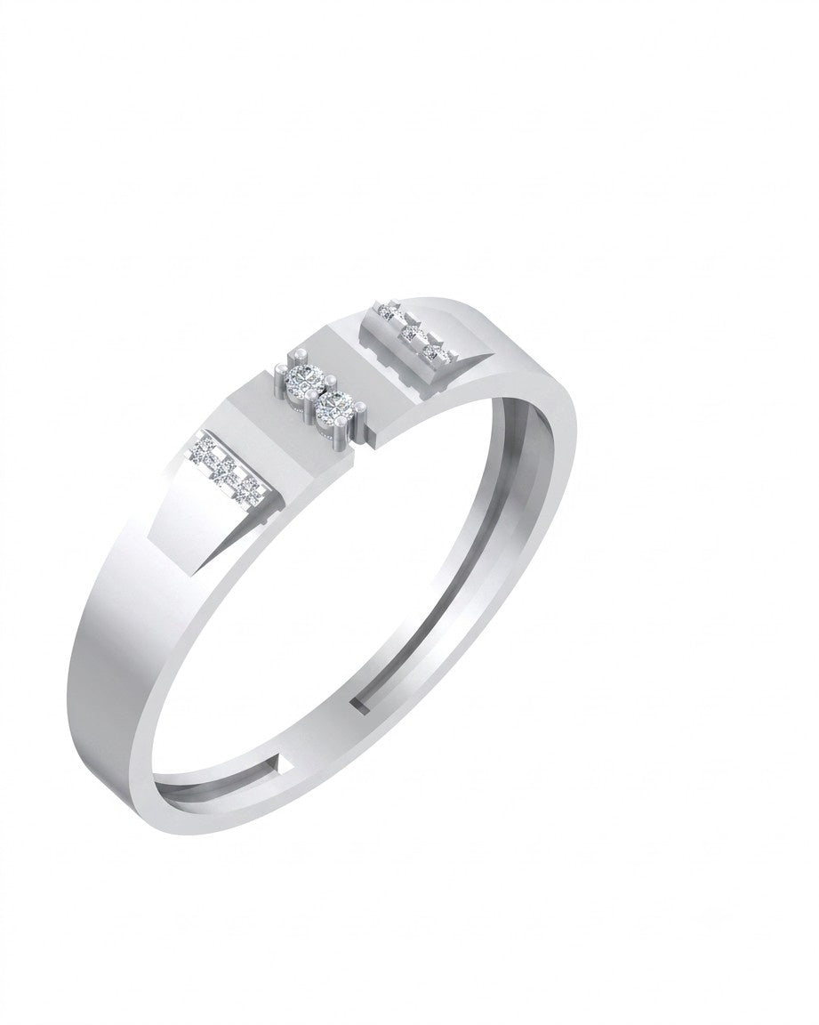 A white gold band ring featuring  diamonds in the center, set against a plain white background.