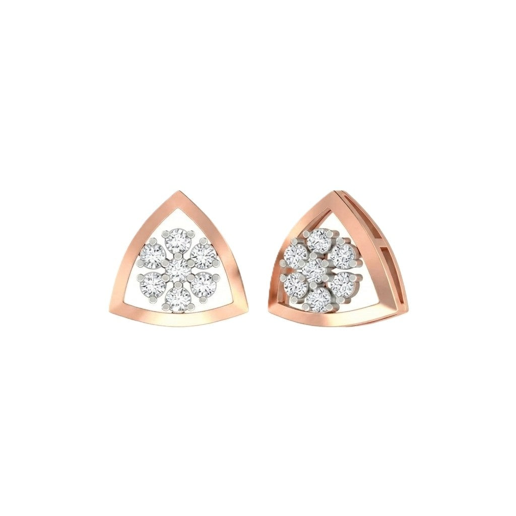 Triangular rose gold earrings with diamond-like stones on a white background