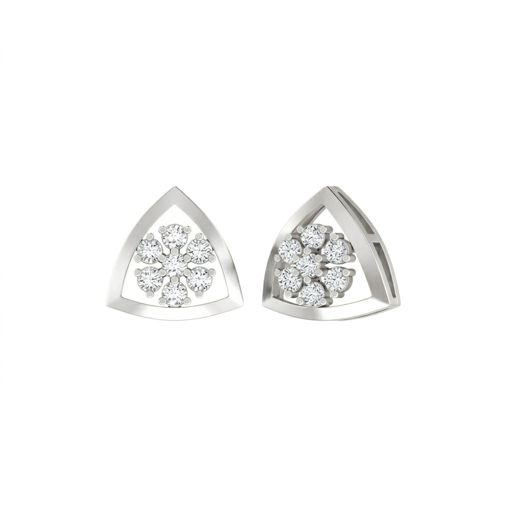 Pair of white gold triangle-shaped earrings with clear gemstones on a white background