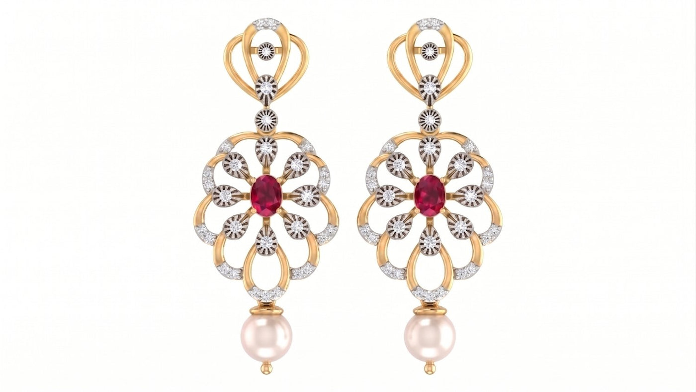 A pair of yellow gold dangle earrings featuring a central red gemstone surrounded by diamond