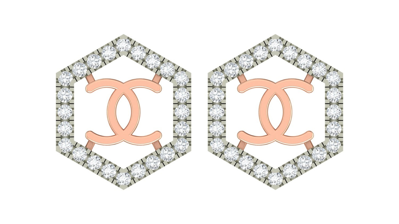 Rose gold and diamond stud earring with hexagonal-shaped on a white background.