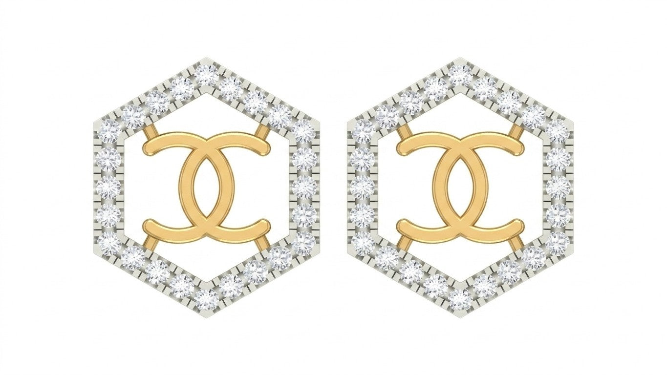 Yellow gold and diamond stud earring with hexagonal-shaped on a white background.