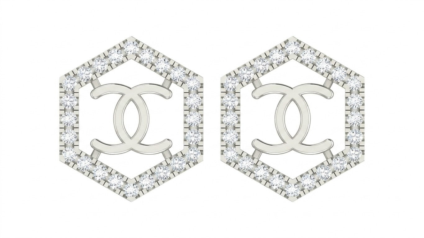 White gold and diamond stud earring with hexagonal-shaped on a white background.
