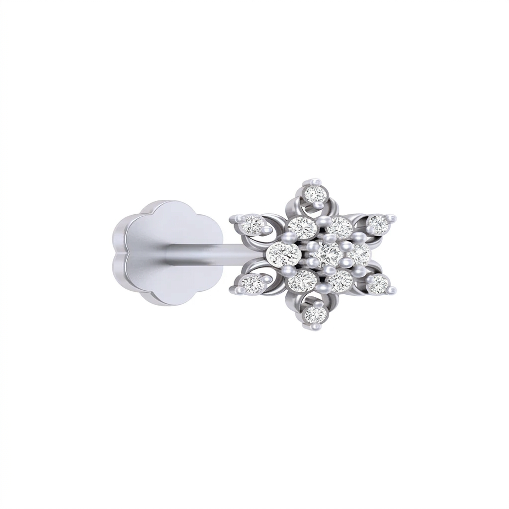 White gold and diamond stud nosepin with a star-shaped design on a white background