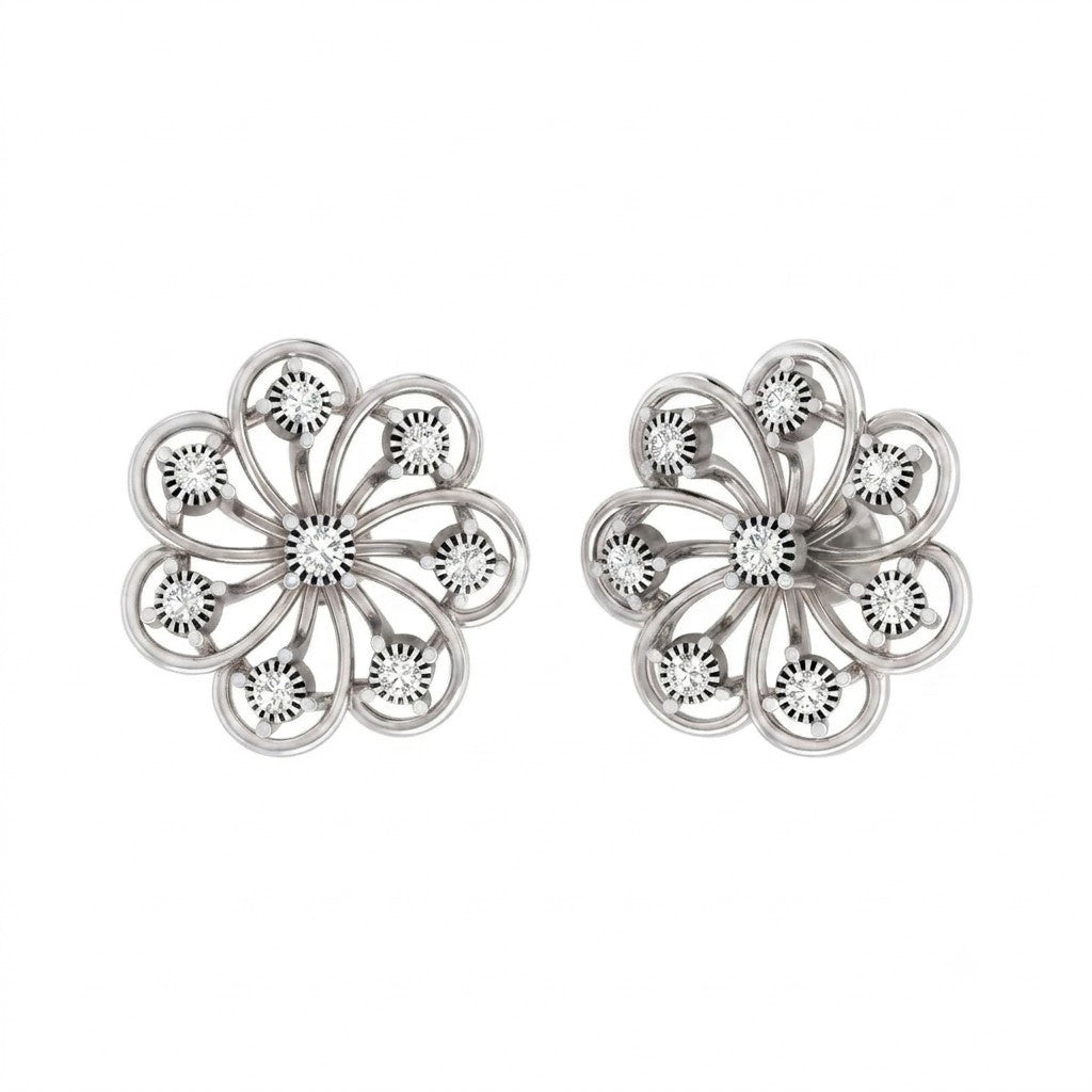 White gold and diamond stud earring with floral-shaped on a white background.