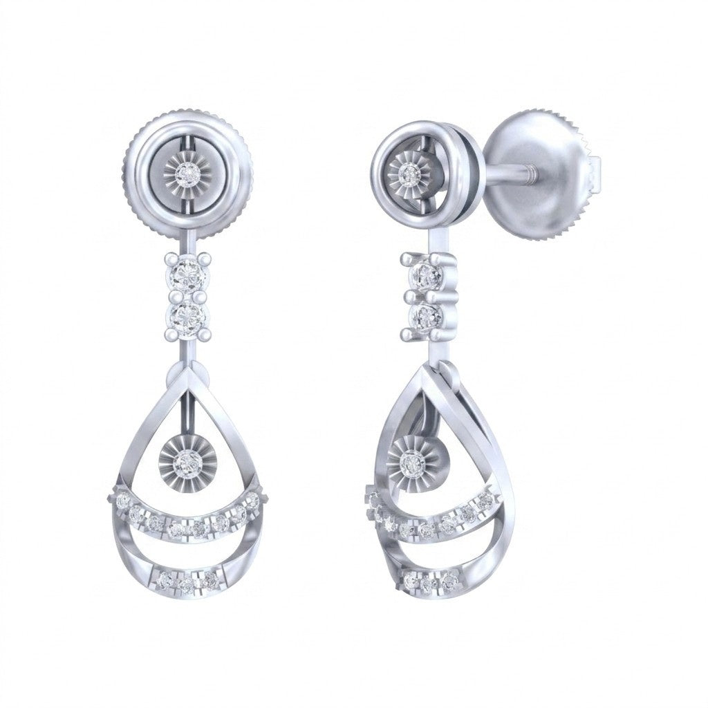 White gold and diamond dangler earring on a white background.