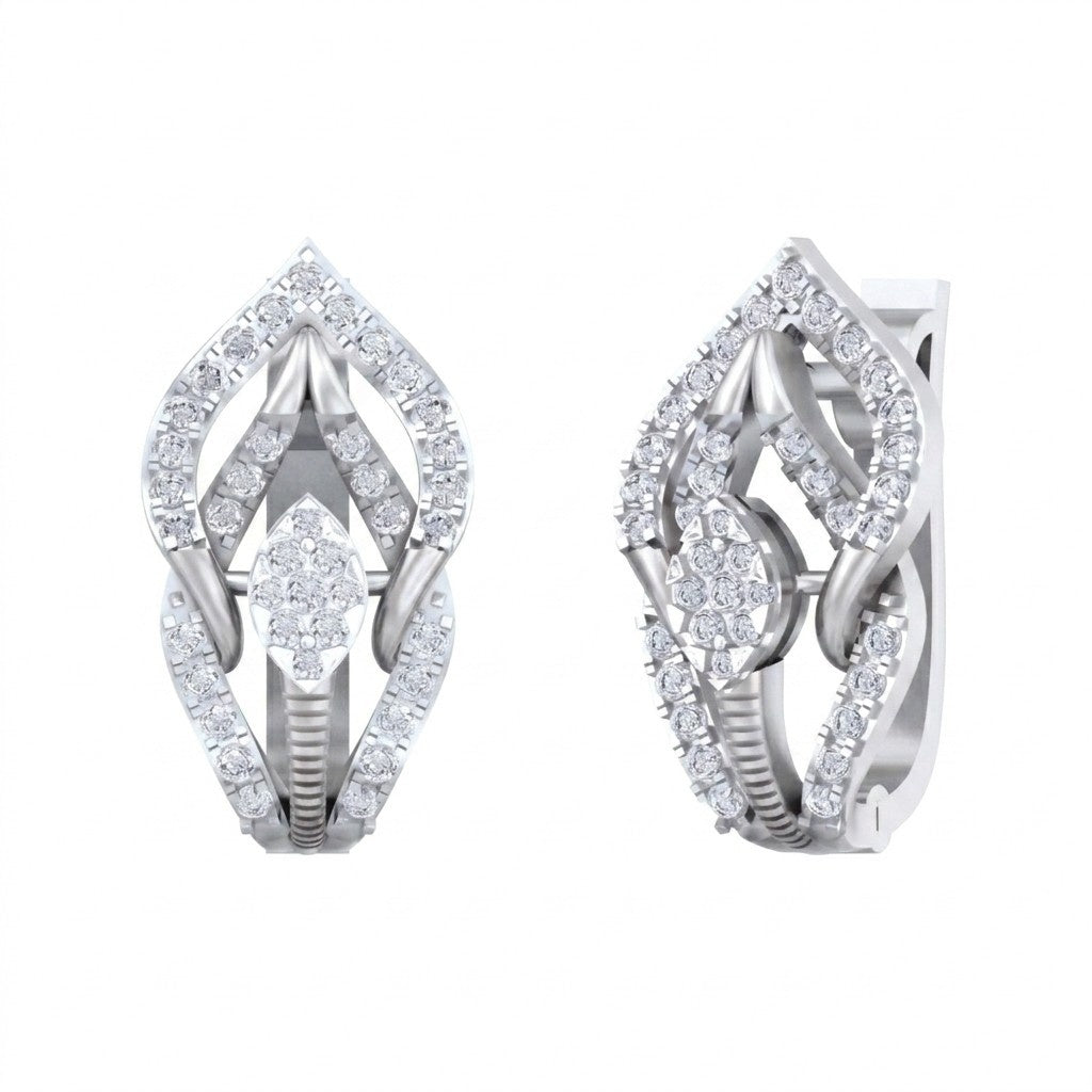 A pair of white gold hoop earrings with diamonds, designed in a round and intricate pattern.