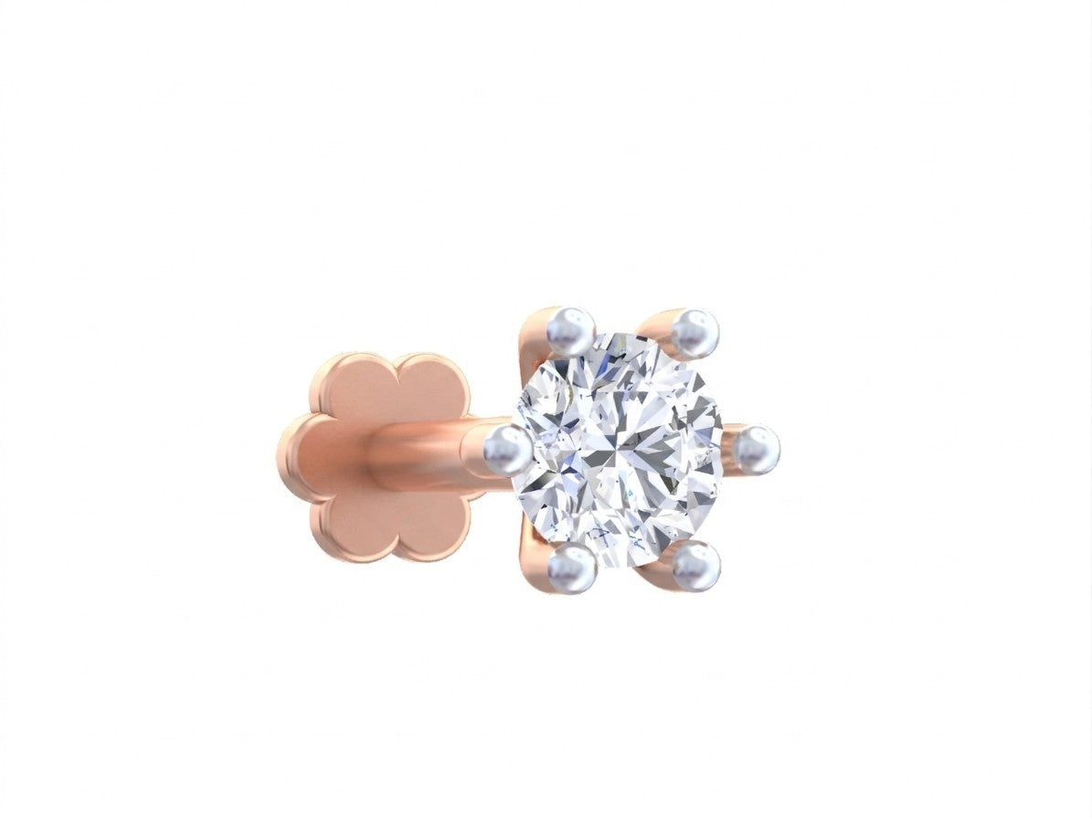Rose gold and diamond stud nose pin on a white background