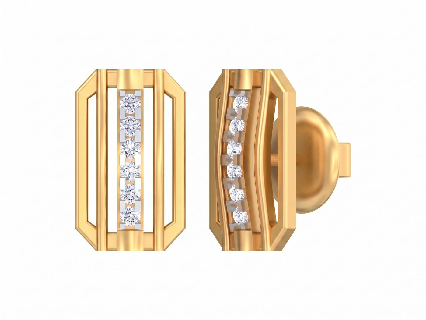 Yellow gold and diamond stud earring on a white background.