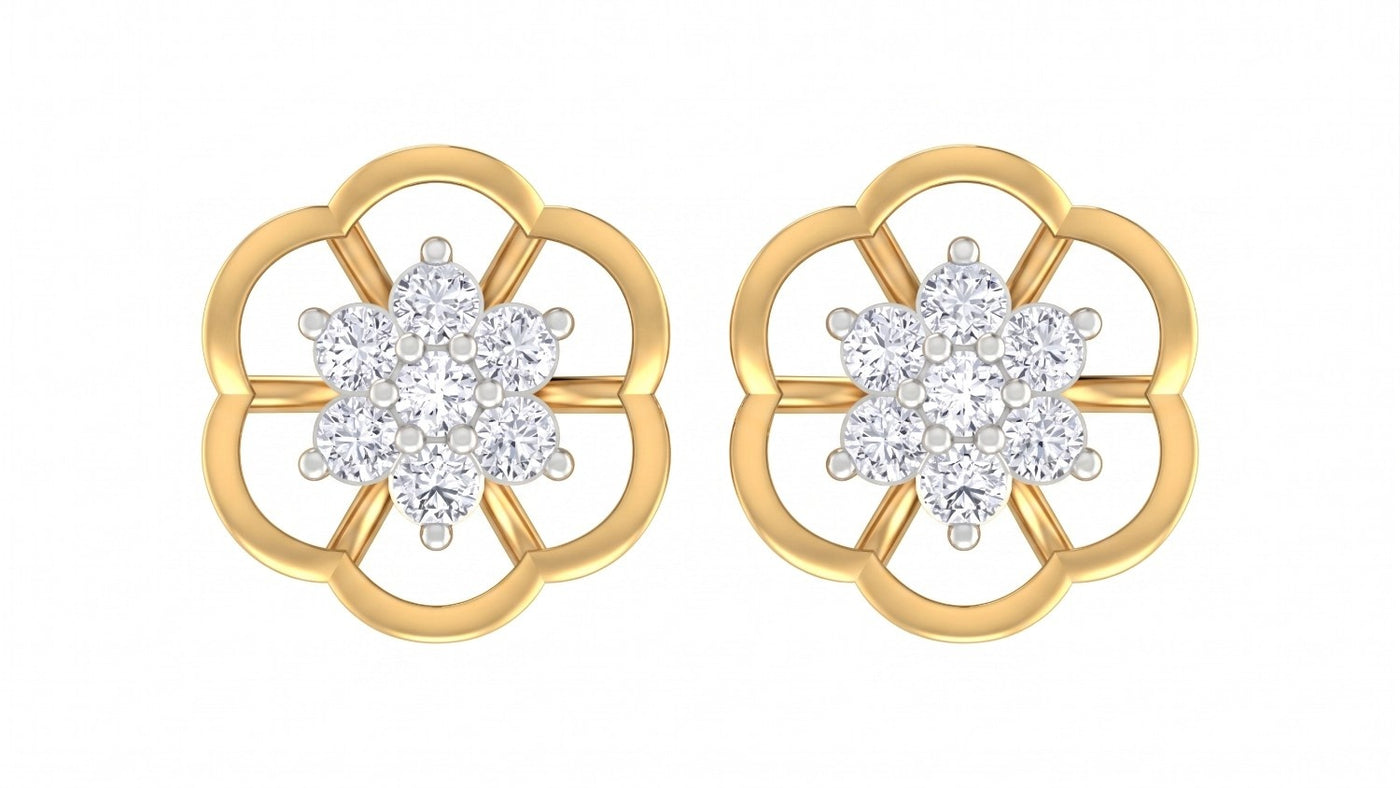 Yellow gold and diamond stud earring with floral design on a white background.