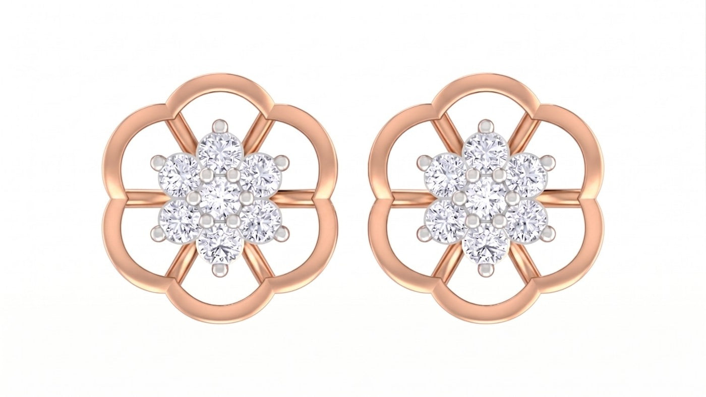 Rose gold and diamond stud earring with floral design on a white background.
