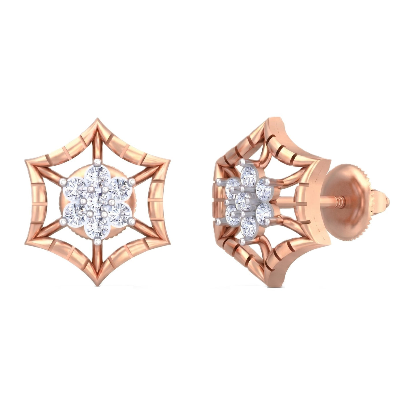 A pair of rose gold geometric stud earrings with a central cluster of clear round-cut stones, on a plain white background.