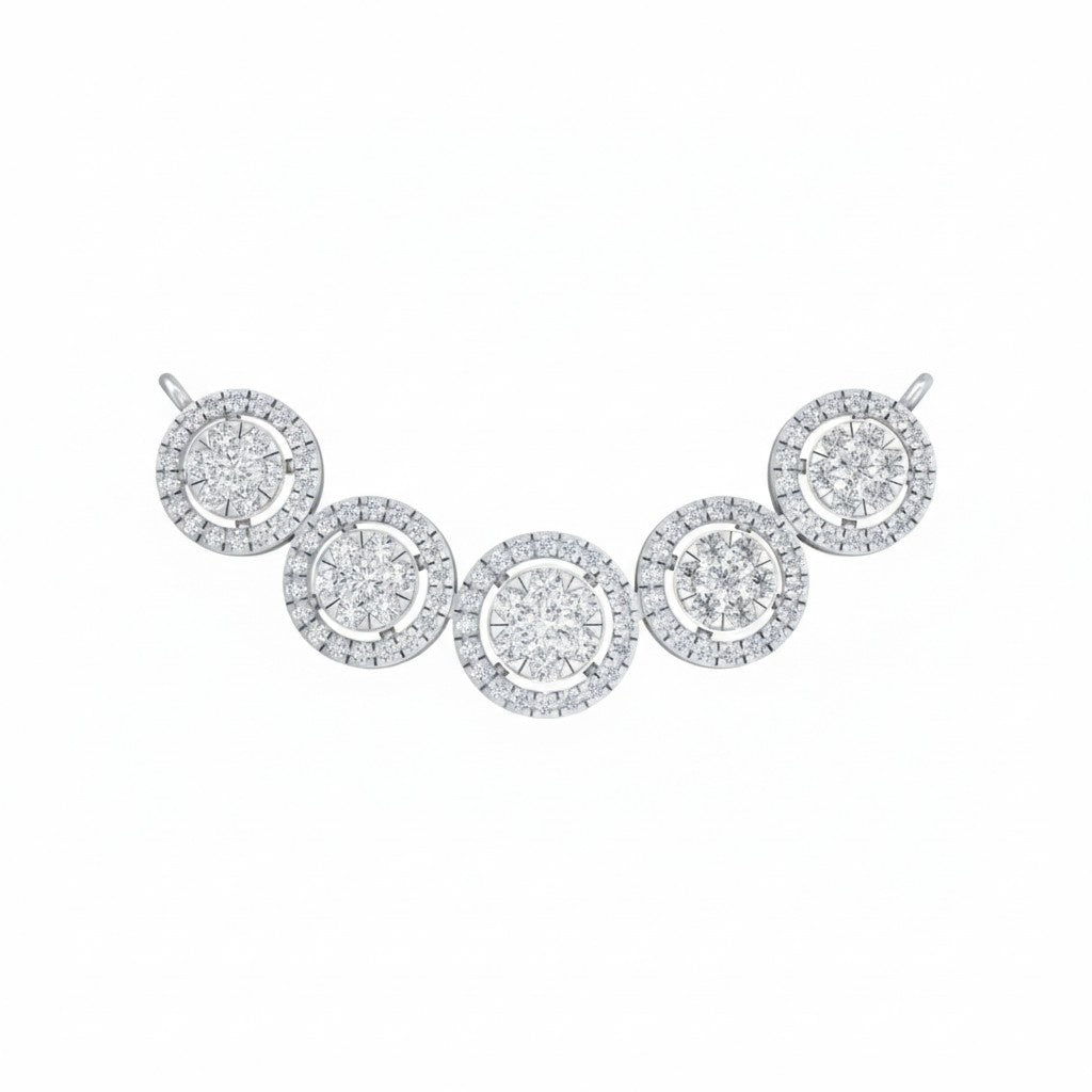 A five-stone White gold and diamond mangalsutra featuring circular pavé settings with round-cut center stones, displayed on a clean white background.