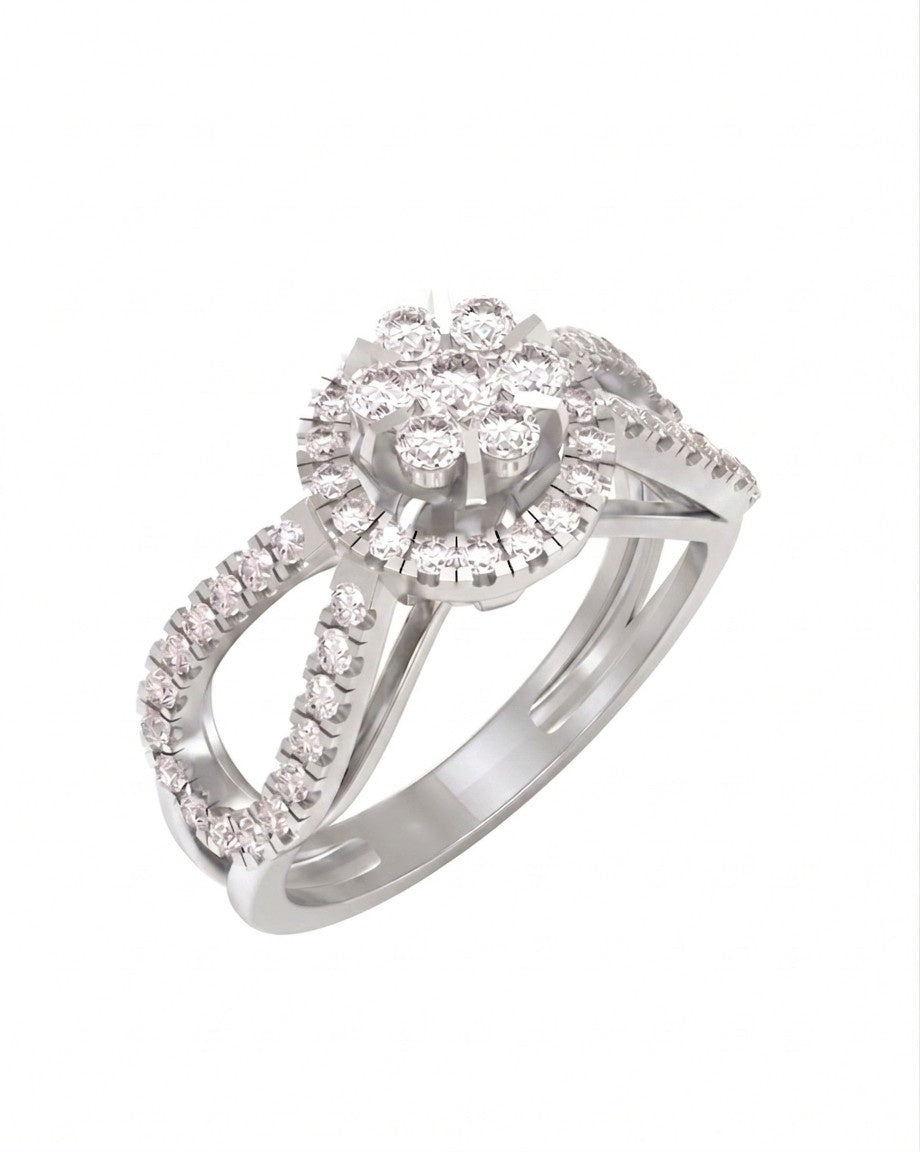 A white gold ring with a floral cluster center, shown on a plain white background.