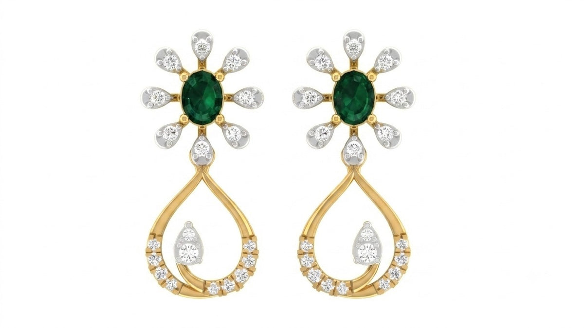 Yellow gold and diamond drop earring with gemstone on a white background.