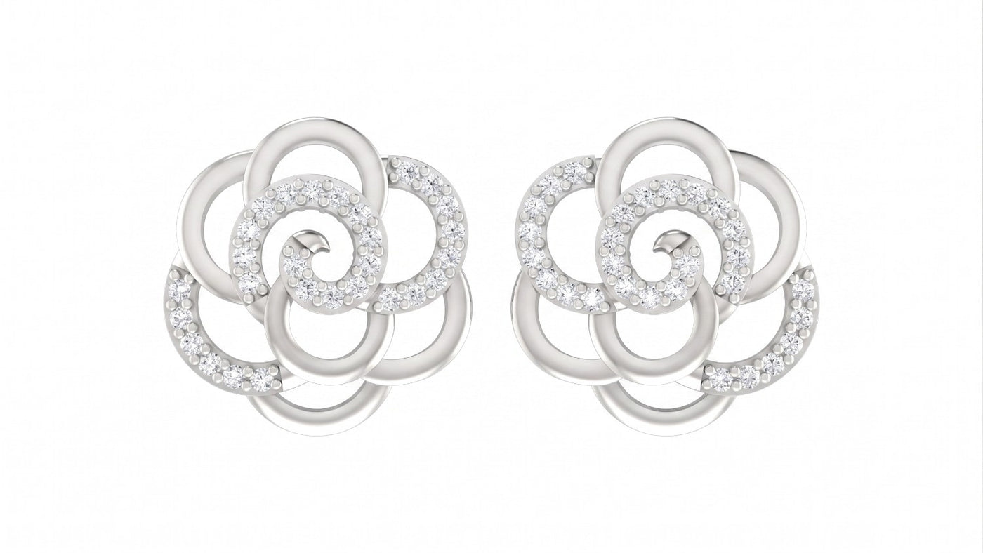 White gold and diamond stud earring with floral-design on a white background.