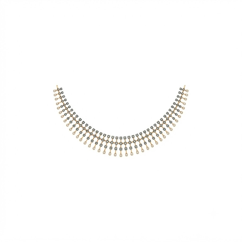 A yellow gold and diamond necklace with teardrop design, displayed on a plain white background.