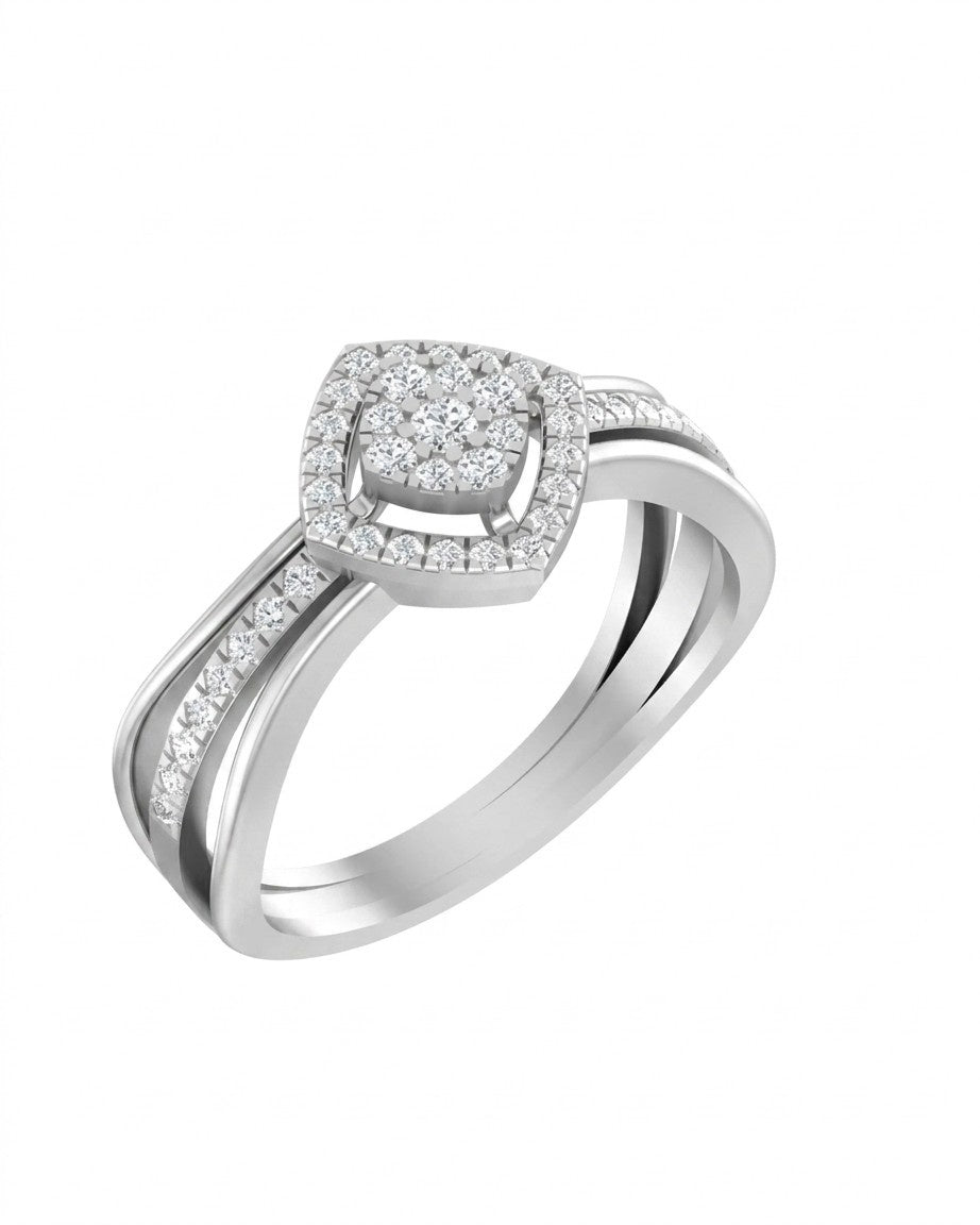 White gold ring with diamond accents on a white background