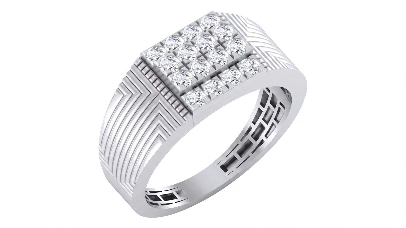 A men's white gold ring with a square-shaped diamond cluster setting on the face, shown on a plain white background.