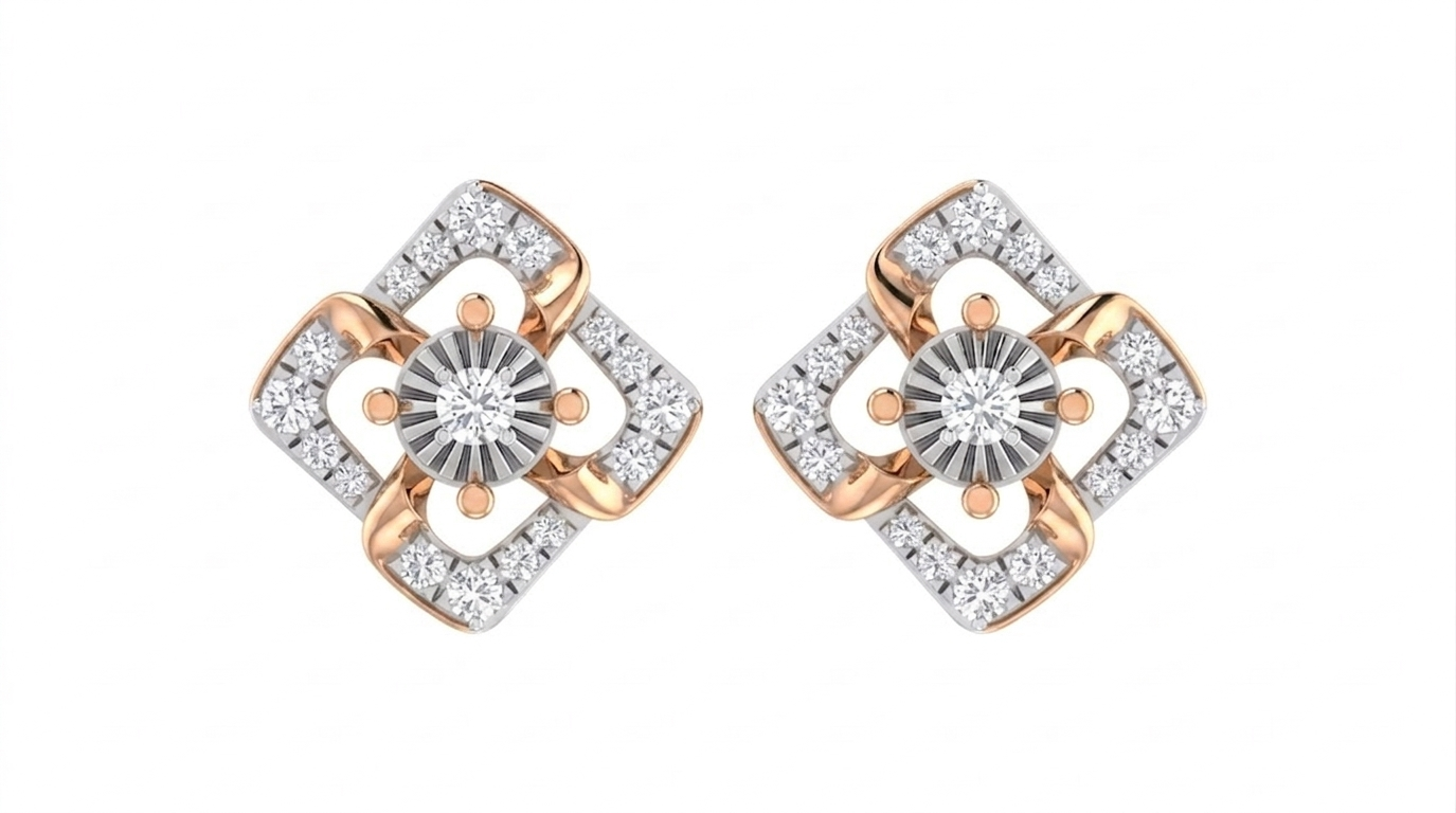 Pair of rose gold and diamond stud earrings on a white background