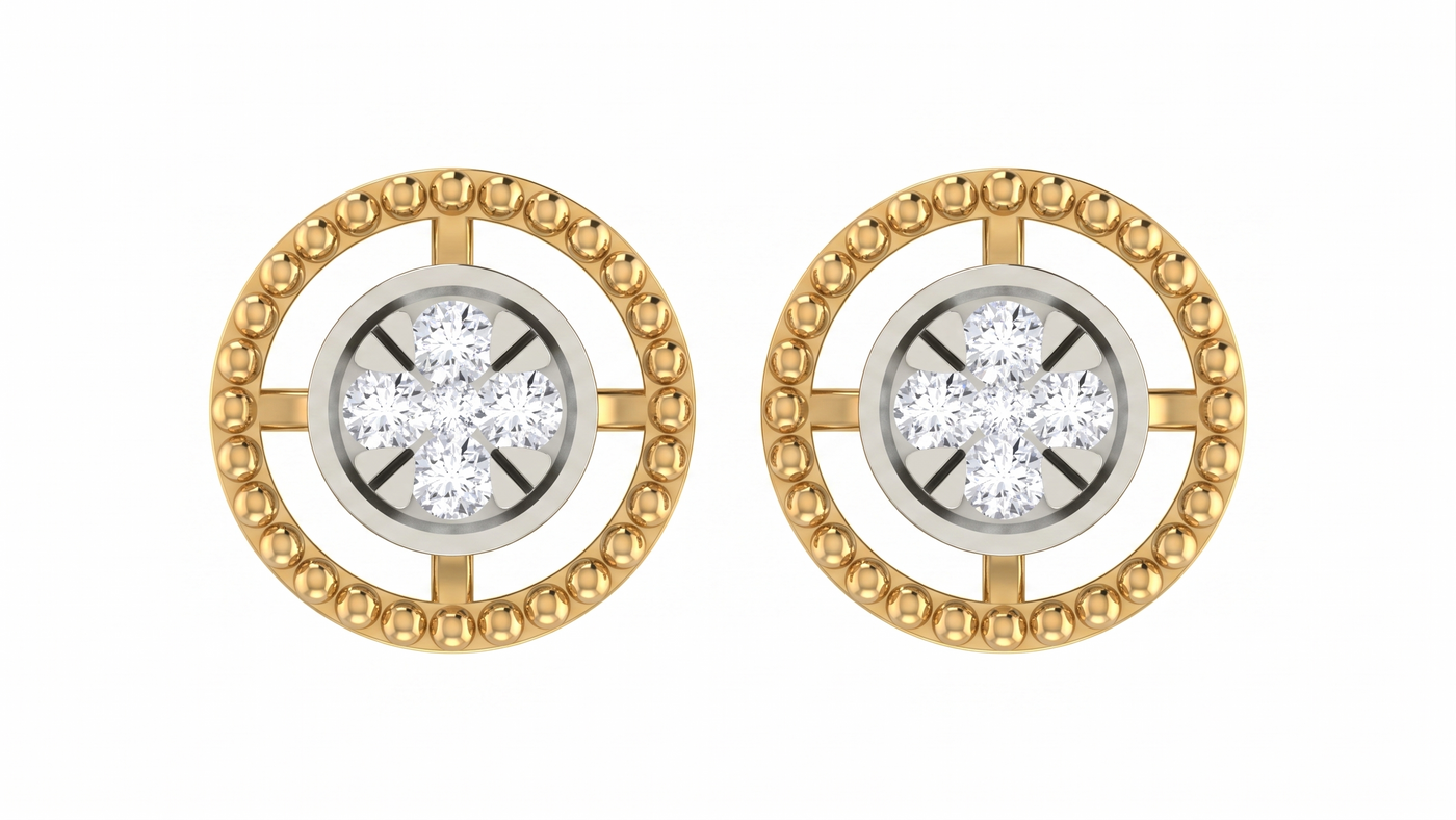 Yellow gold & Diamond Round-Shaped Women Stud Earring on a white backgound