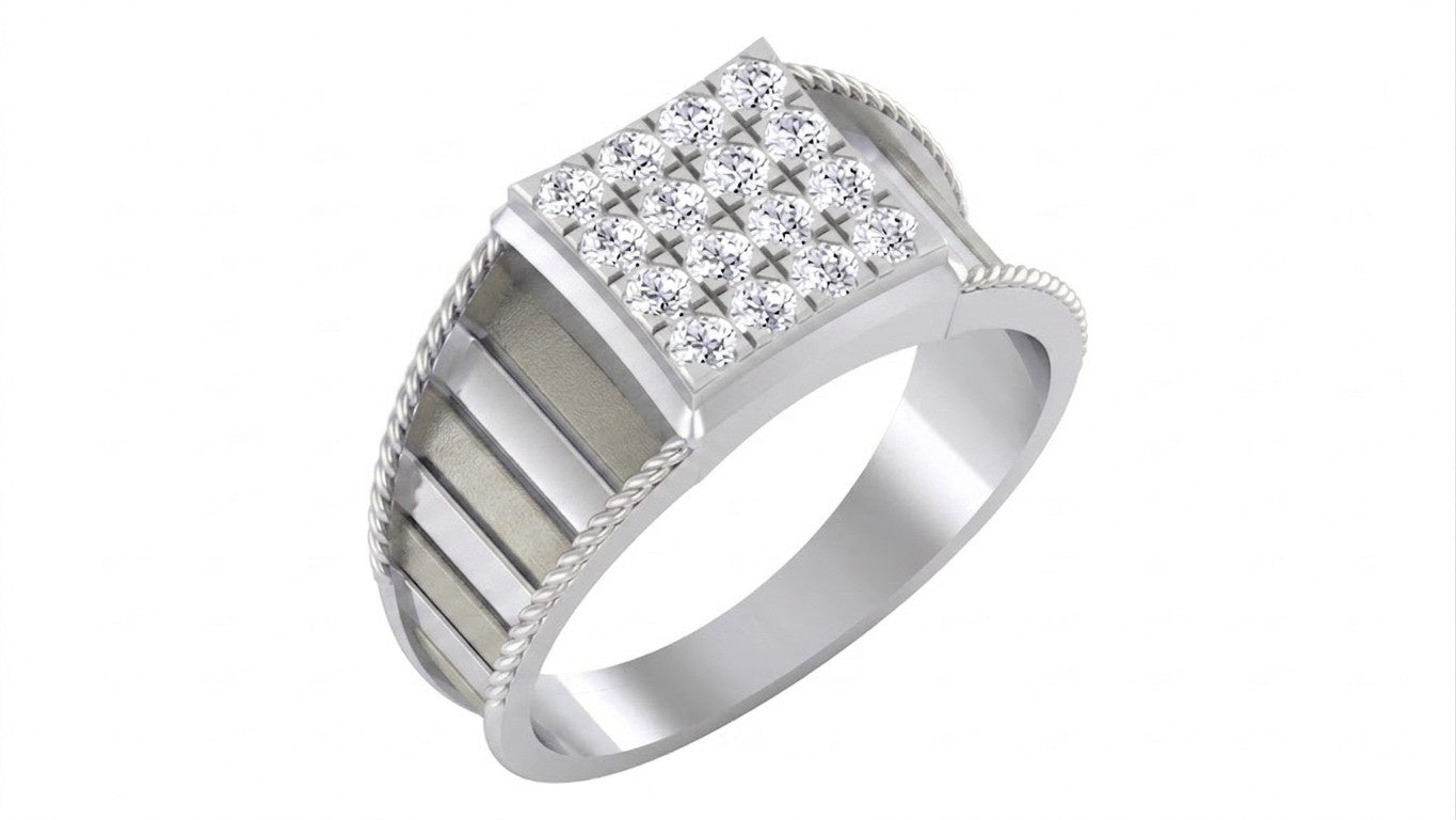 A men's white gold ring featuring a square diamond cluster setting with a central round diamond, shown on a plain white background.