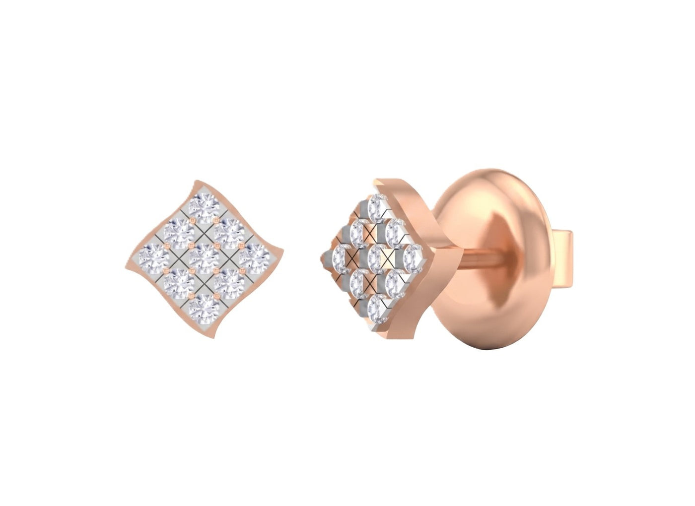 Rose gold and diamond dailywear stud earrings on a white background