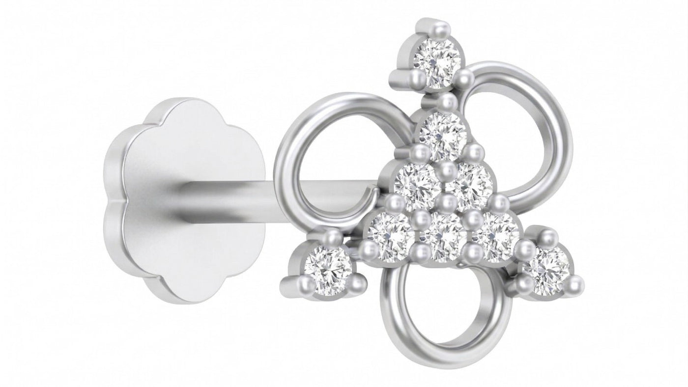 White Gold and diamond stud nose pin pearl design on a white background