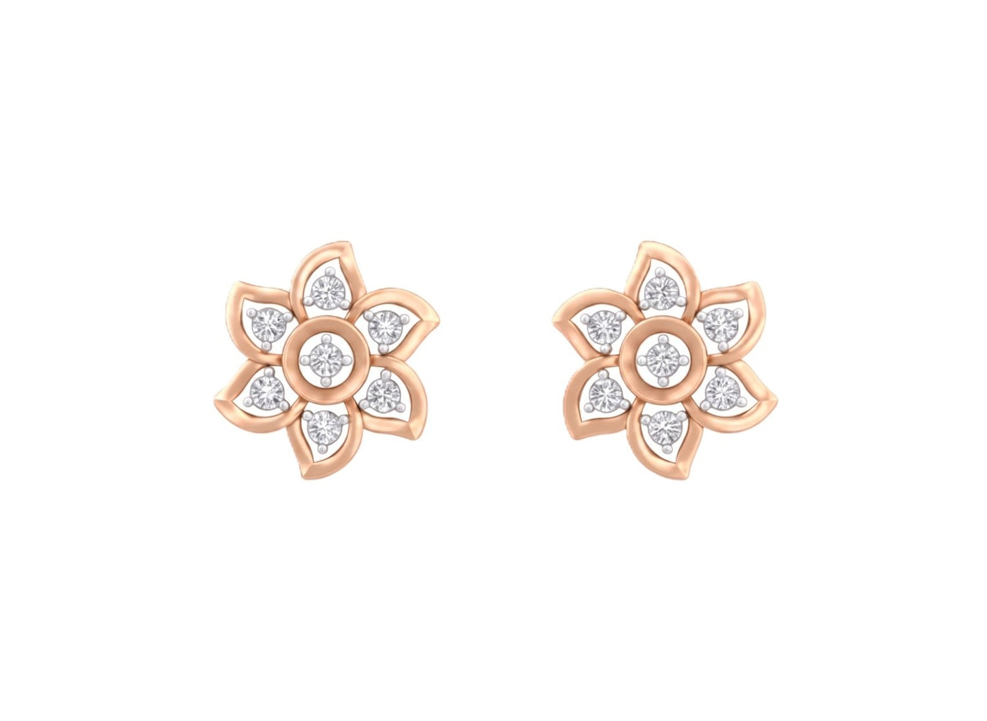 Rose gold and diamond floral stud on a white backgound