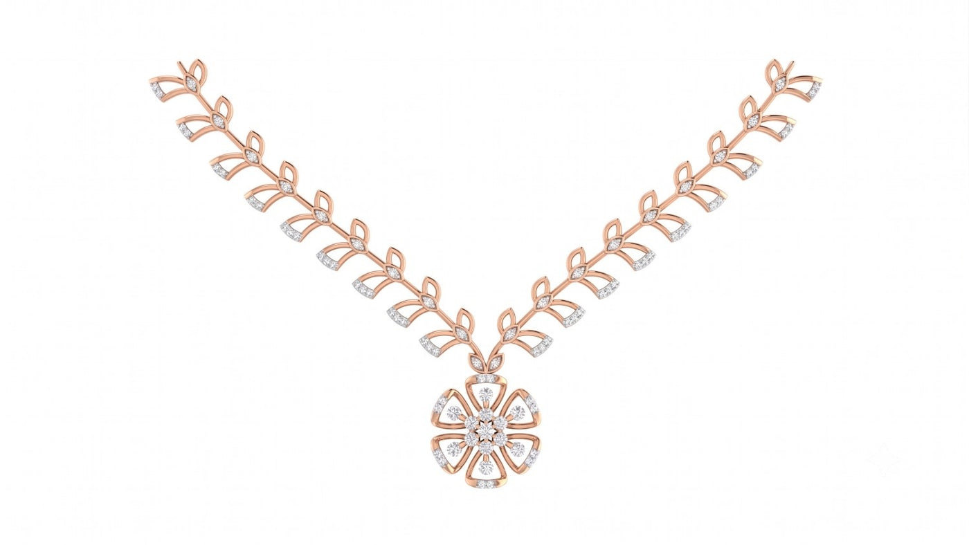 A rose gold necklace with clear gemstone accents, featuring a central flower-design, displayed on a solid white background.