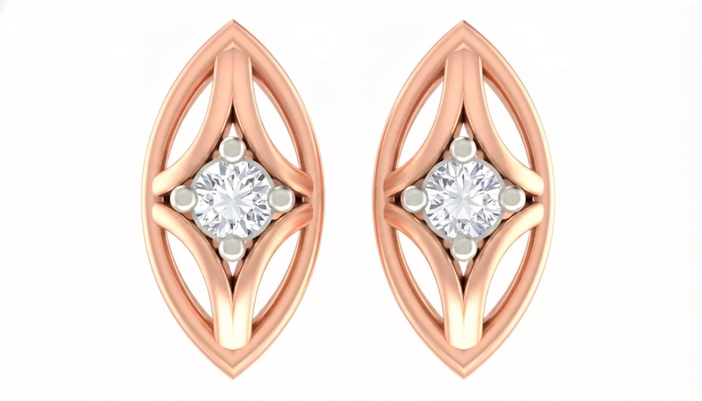 Rose gold and diamond stud earrings  on a white background.