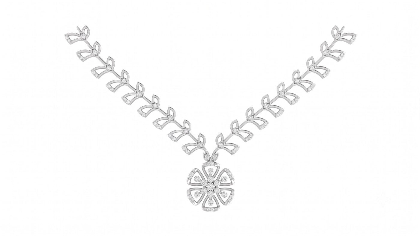 A white gold necklace with clear gemstone accents, featuring a central flower-design, displayed on a solid white background.