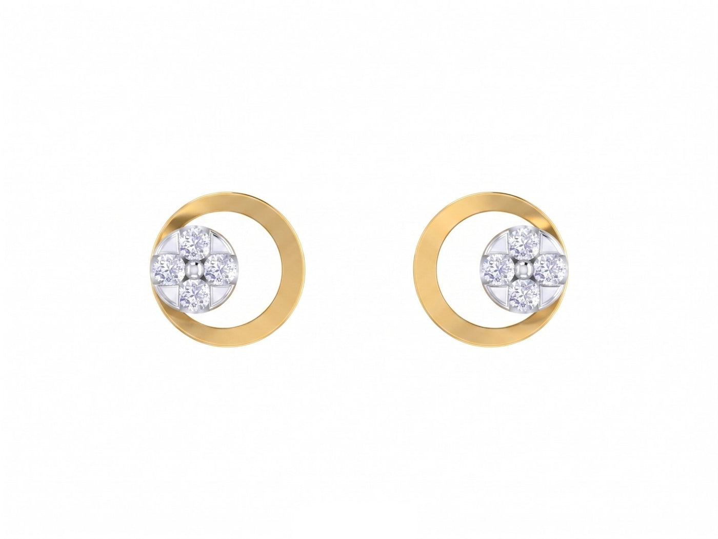 Yellow gold and diamond round-shaped stud earring on a white background.