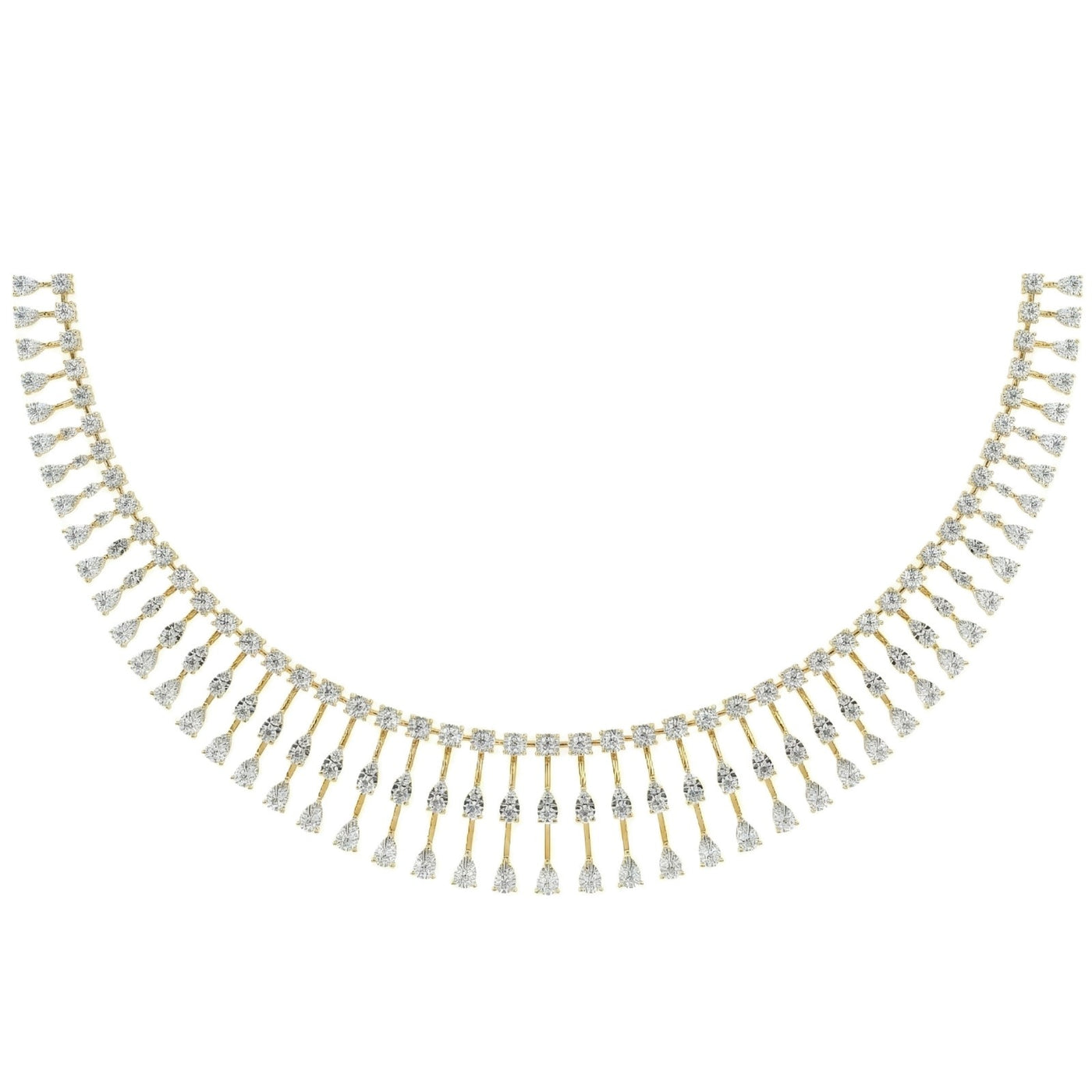 Yellow gold and diamond fringe necklace displayed against a plain white background.
