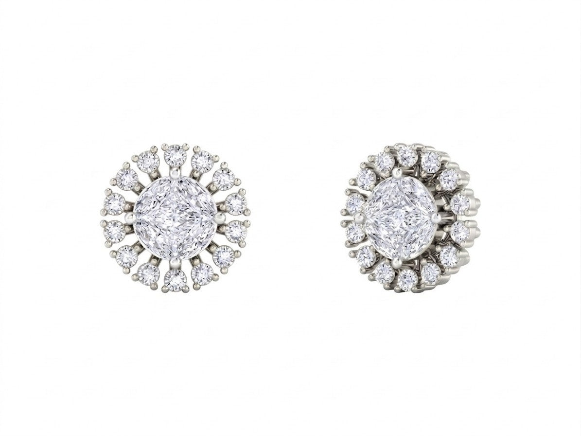 Gold and diamond halo women stud earrings with round center diamond and diamond halo in white gold.