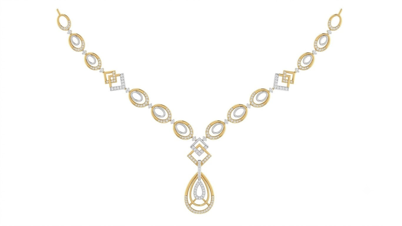 A yellow gold and diamond necklace with a teardrop-shaped pendant, displayed on a solid white background.