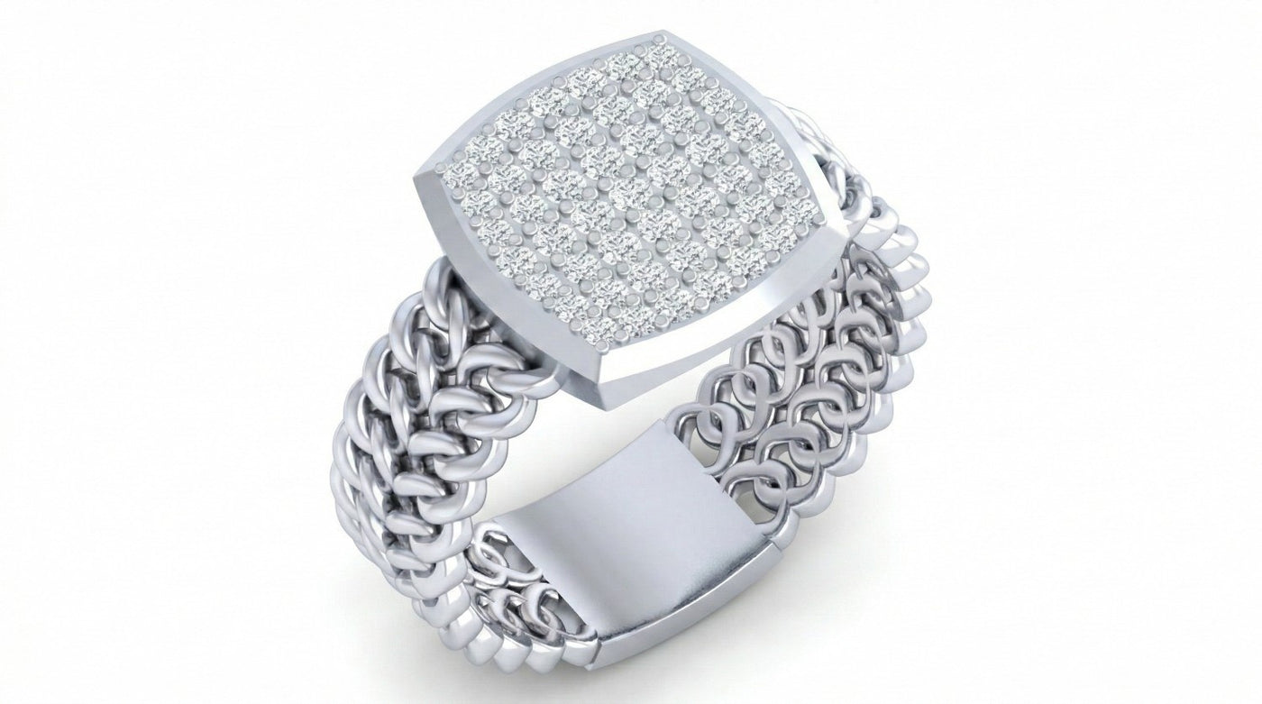 White gold ring with diamond-encrusted band on a white background