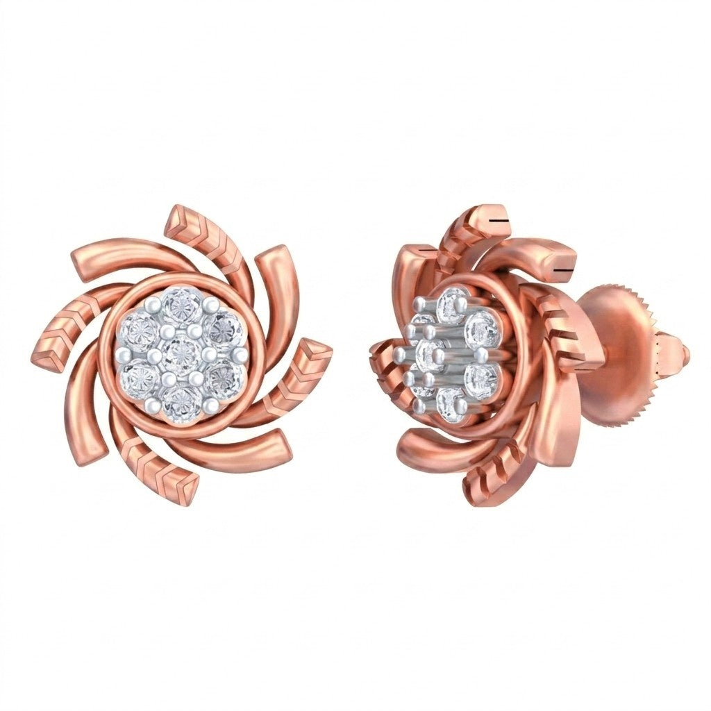 Rose gold and diamond stud earring with floral-shaped on a white background.
