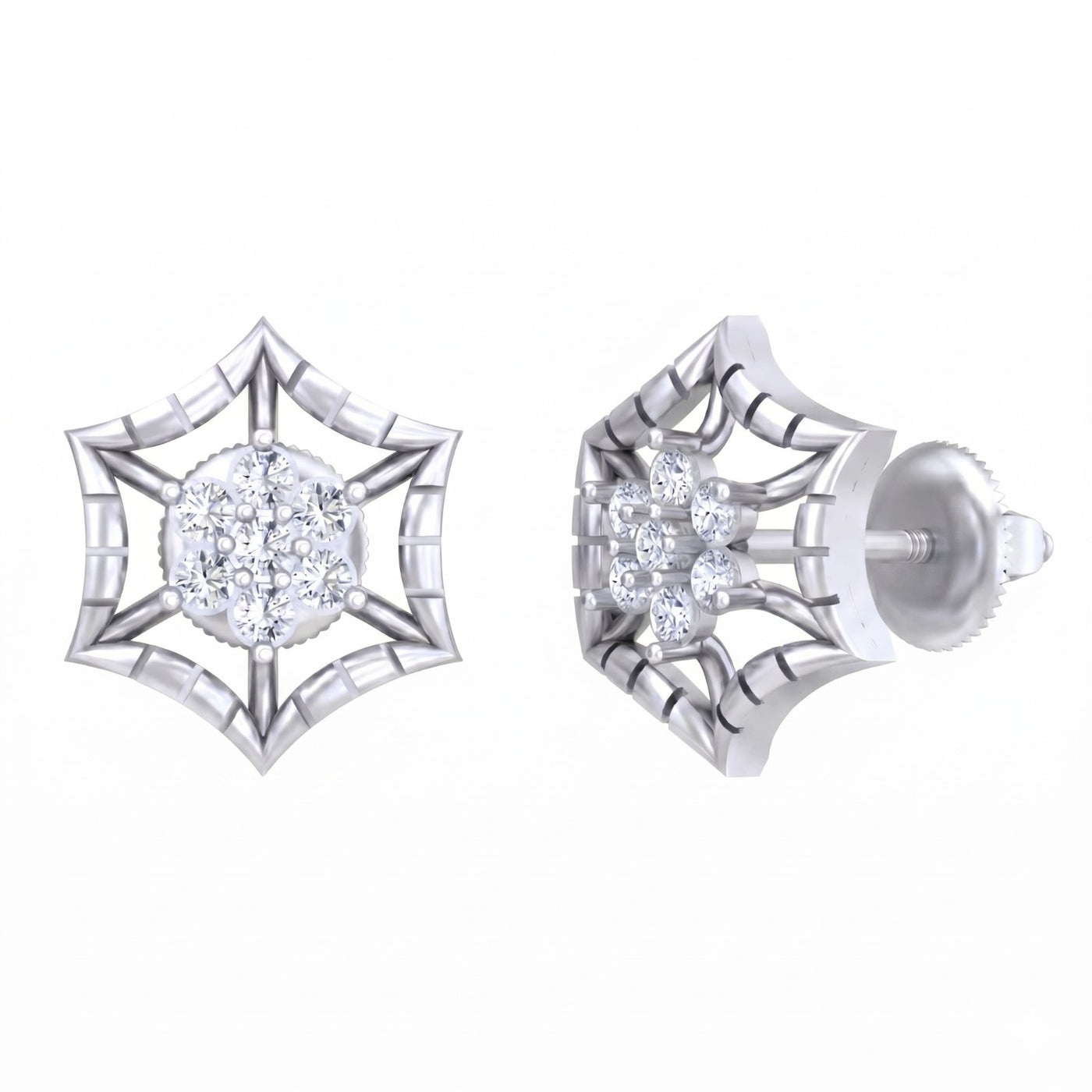 A pair of white gold geometric stud earrings with a central cluster of clear round-cut stones, on a plain white background.