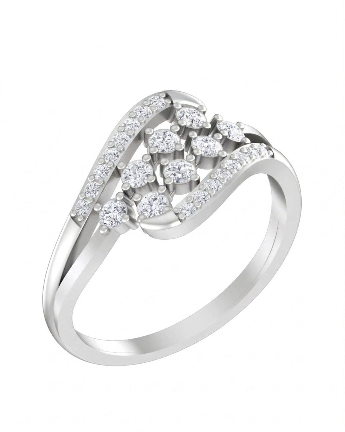 White gold ring with diamond accents on a white background