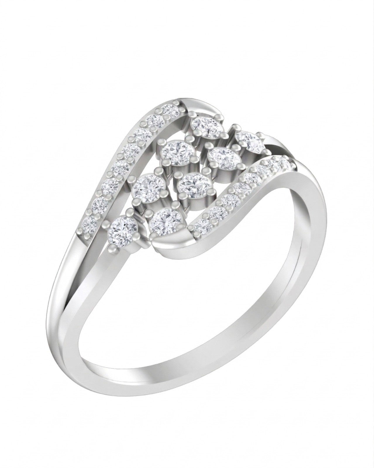 White gold ring with diamond accents on a white background