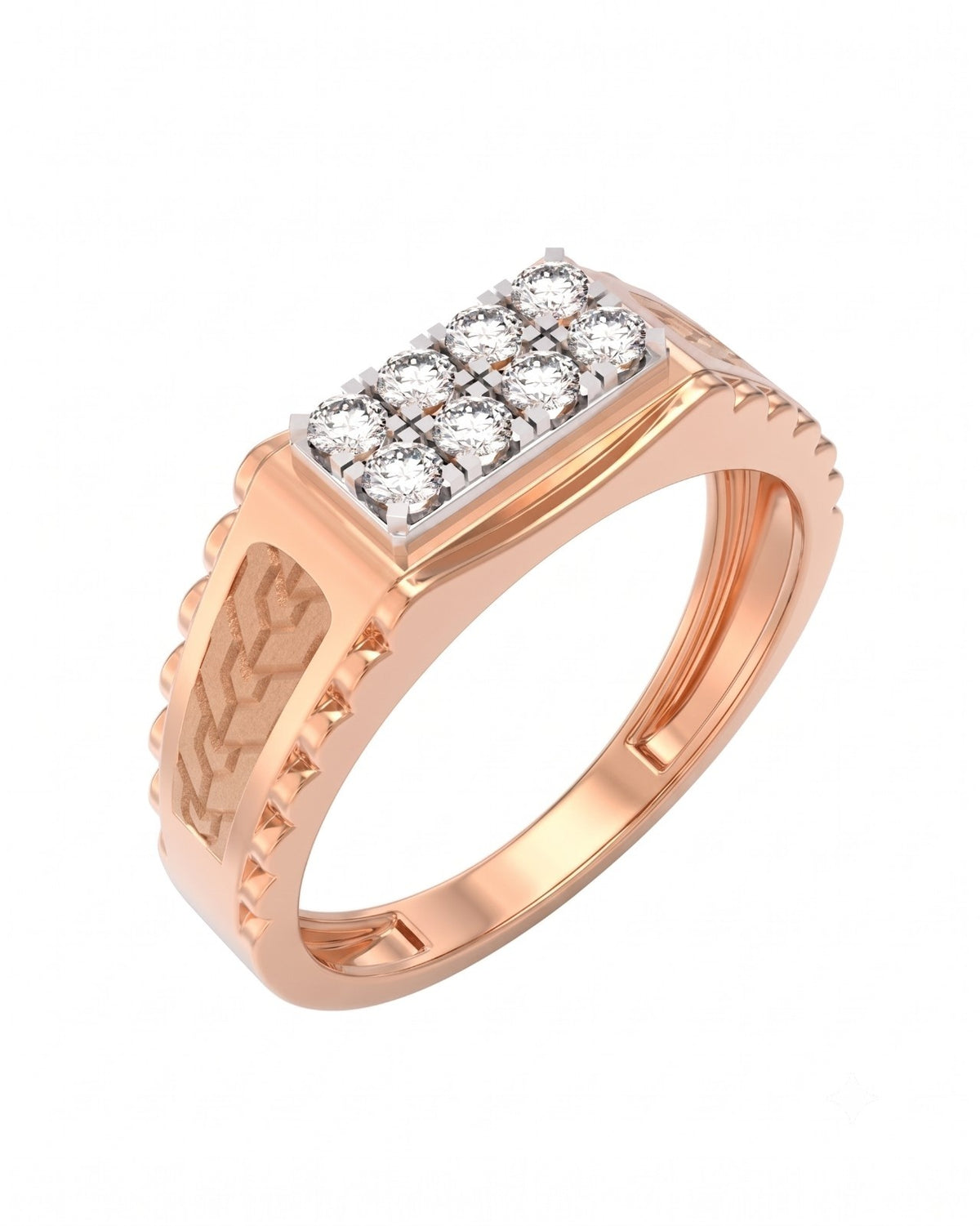 Rose gold and diamond band ring for men featuring a sparkling diamond accents.